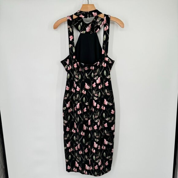 Bebe Floral Print Halter Black & Pink metallic floral Midi Dress size 12 womens - Picture 5 of 10